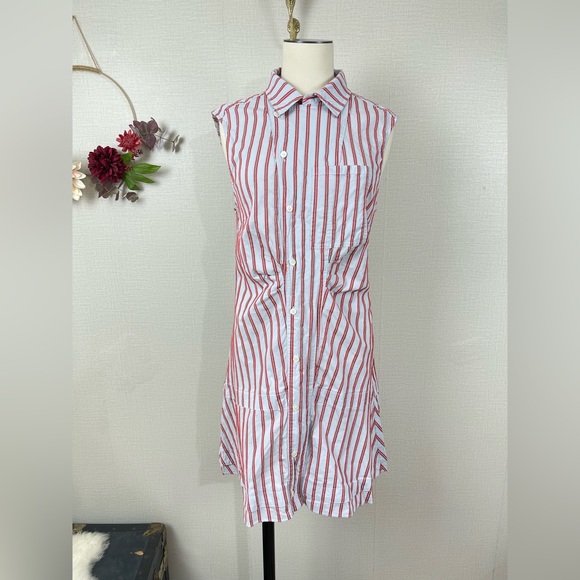 DEREK LAM 10 CROSBY Women’s Blue Red Striped Ruffle Placket  Mini Shirtdress 10 - Picture 5 of 16